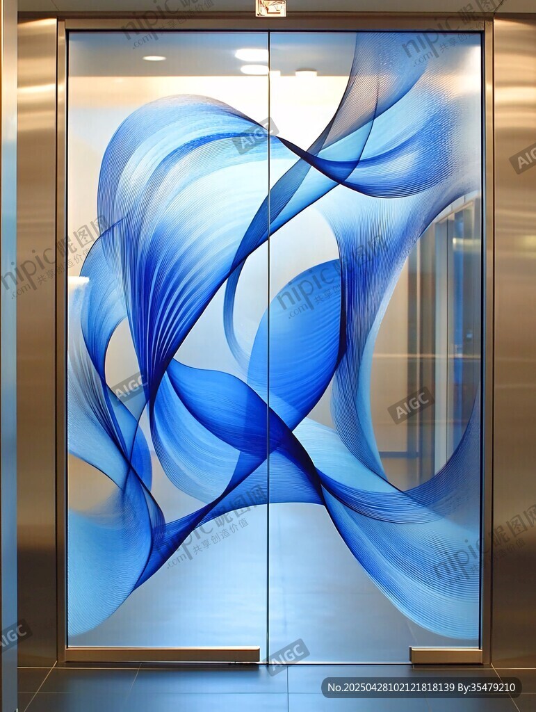藍色動感線條玻璃門藝術