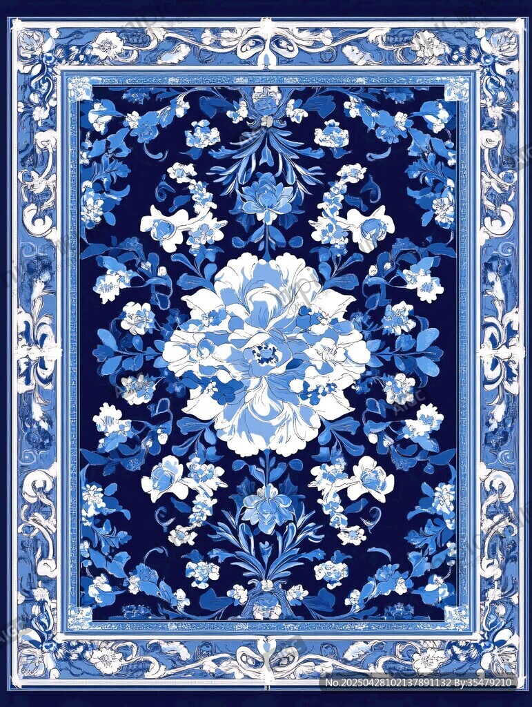 藍(lán)白花卉圖案精美地毯