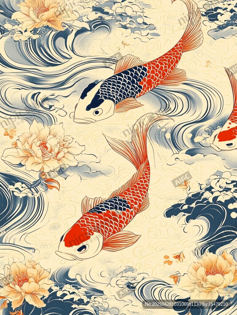 錦鯉戲浪間 繁花添雅韻