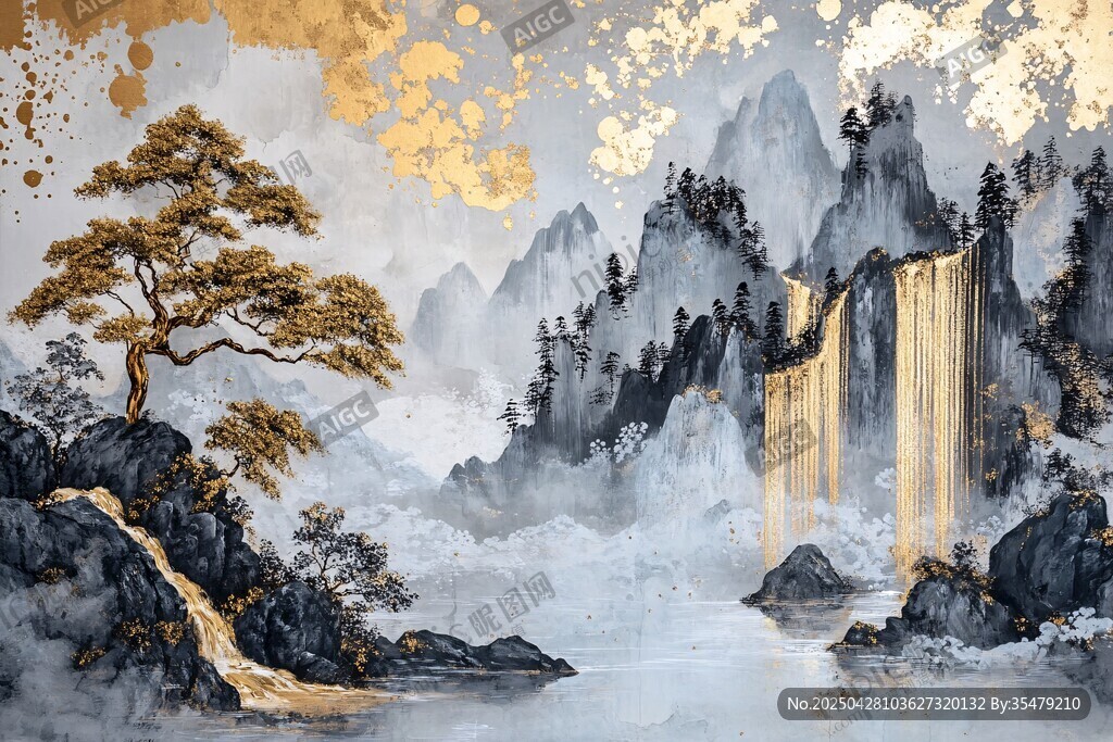 水墨金韻迎客松山水圖