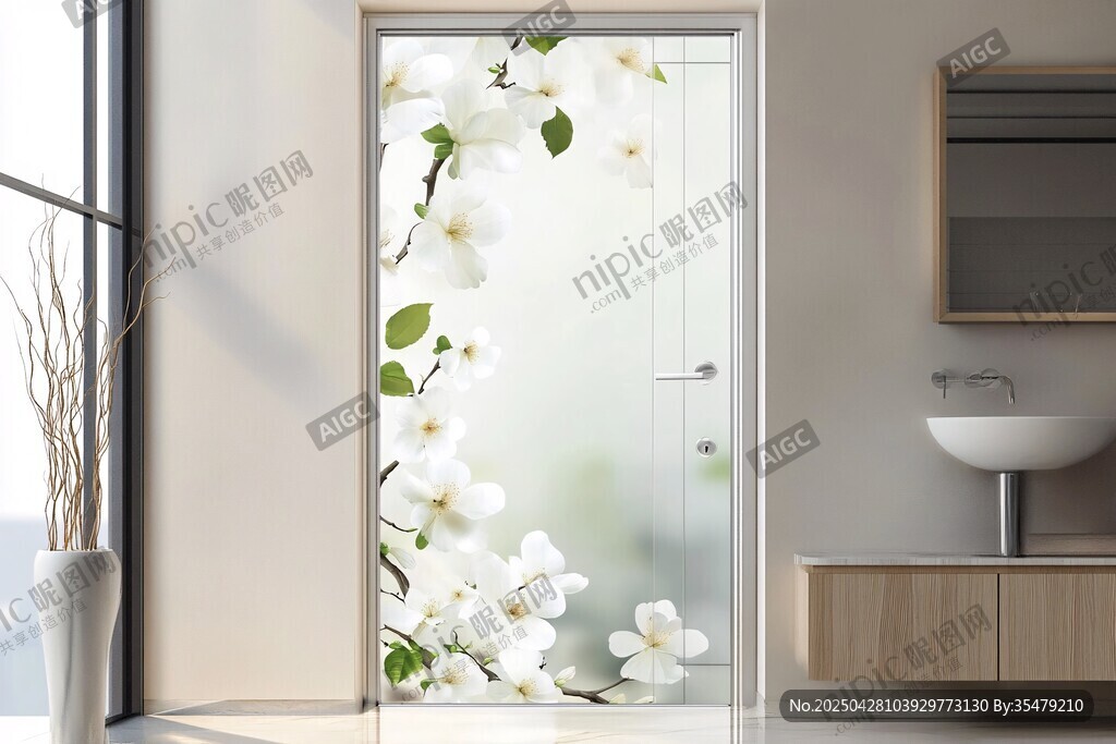 白色玉蘭花玻璃門裝飾圖