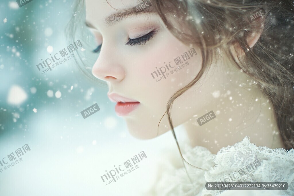 雪中優雅閉眼的美麗女子