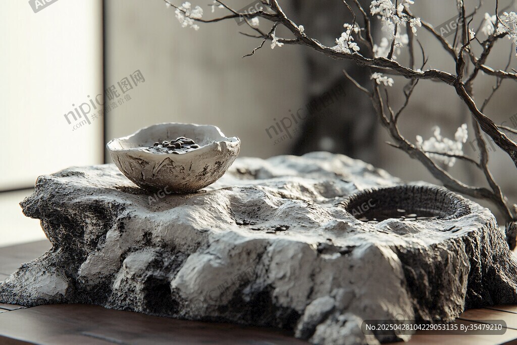 禪意石上碗 素雅花枝伴
