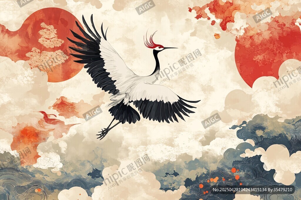 丹頂鶴翱翔于云海紅日間