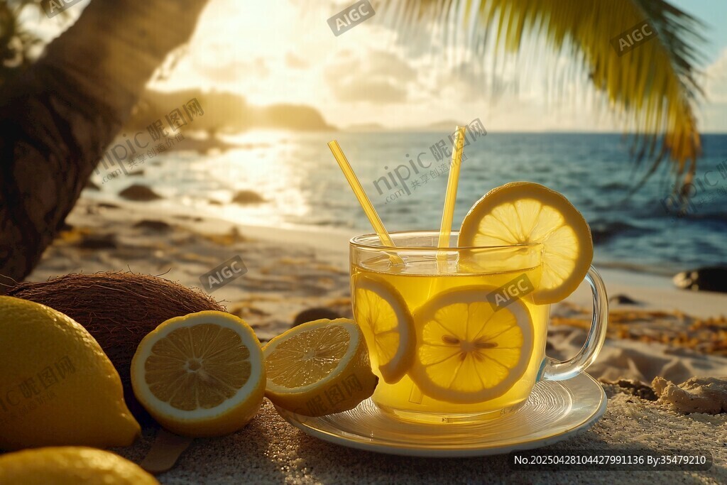 海灘上的檸檬茶飲與陽光