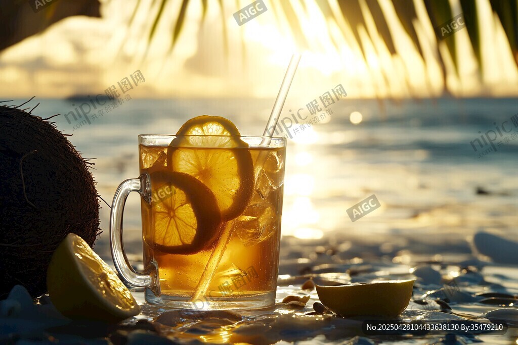 海邊夕陽(yáng)下的檸檬冰茶