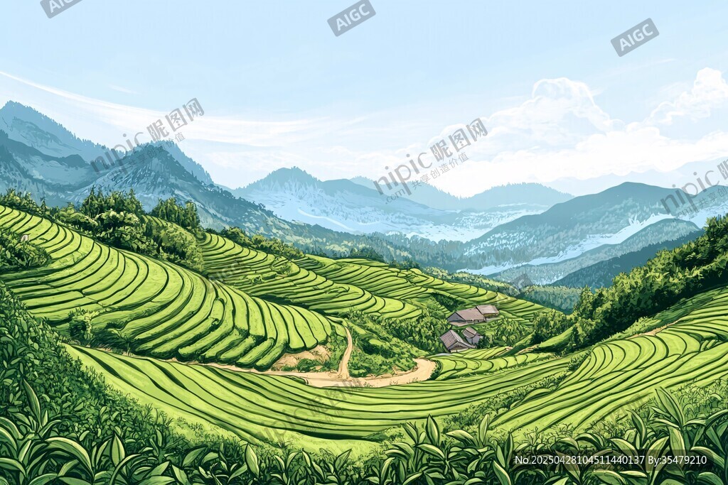 翠綠梯田映于山巒美景
