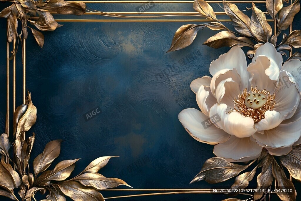 奢華金框藍底白花裝飾圖