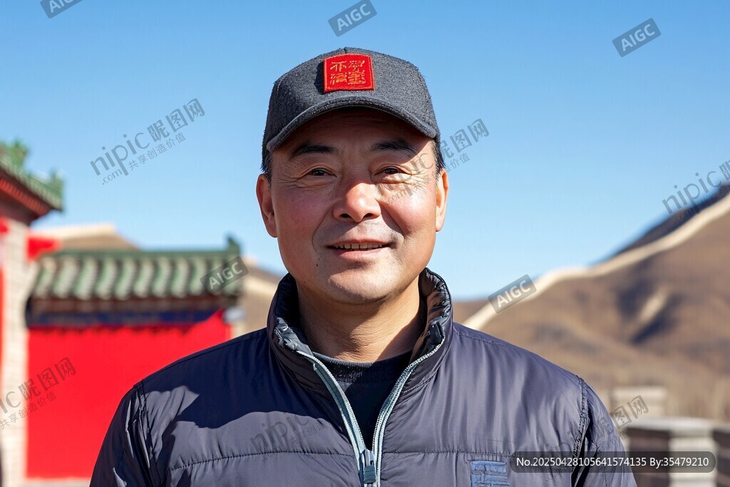 長城前微笑的戶外男士