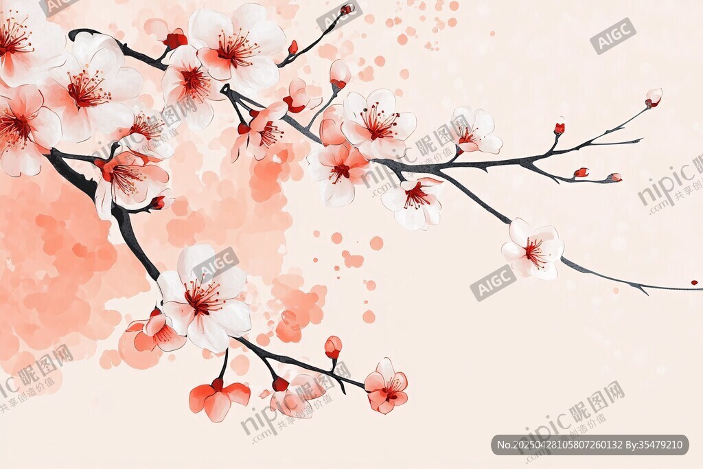 水墨風(fēng)盛開(kāi)的粉嫩梅花枝
