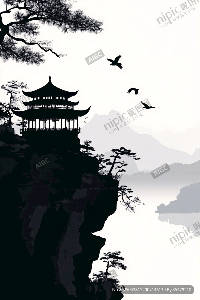 懸崖古亭飛鳥山水剪影