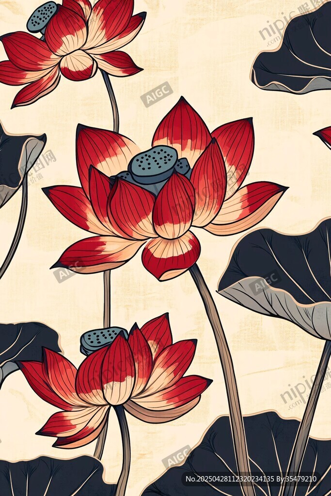 中式荷花圖案插畫
