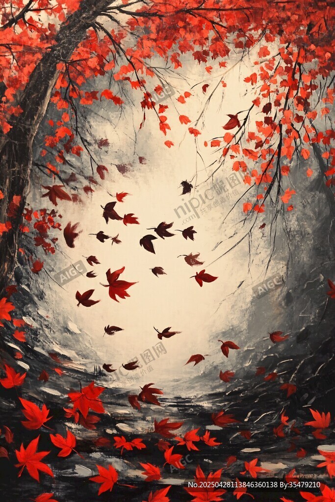 秋景 紅葉紛飛的靜謐樹林