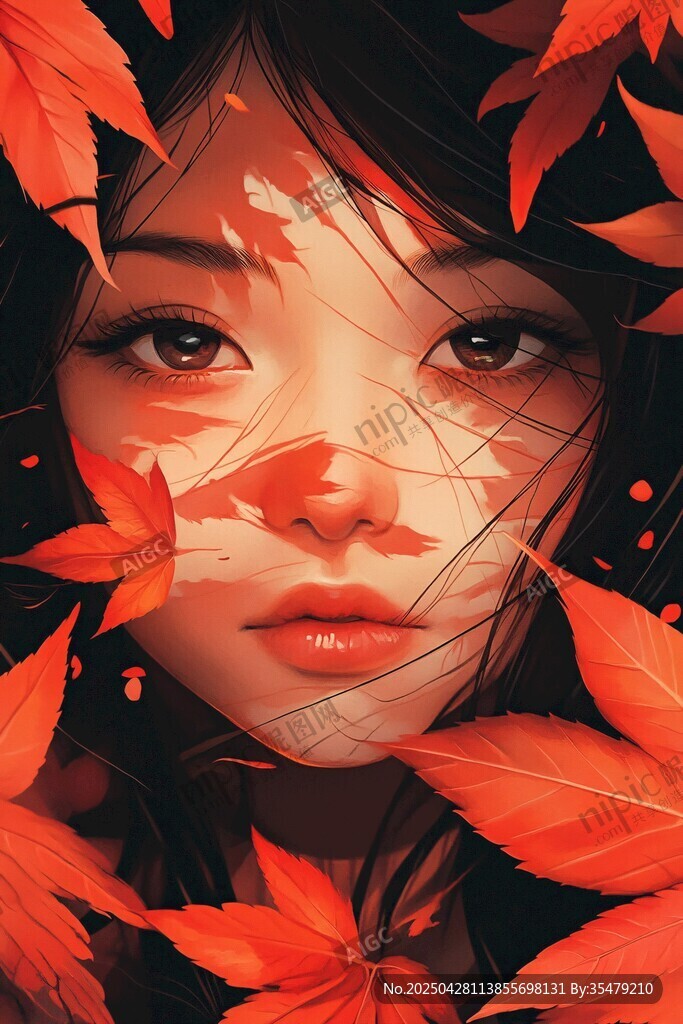 紅葉間的柔美少女