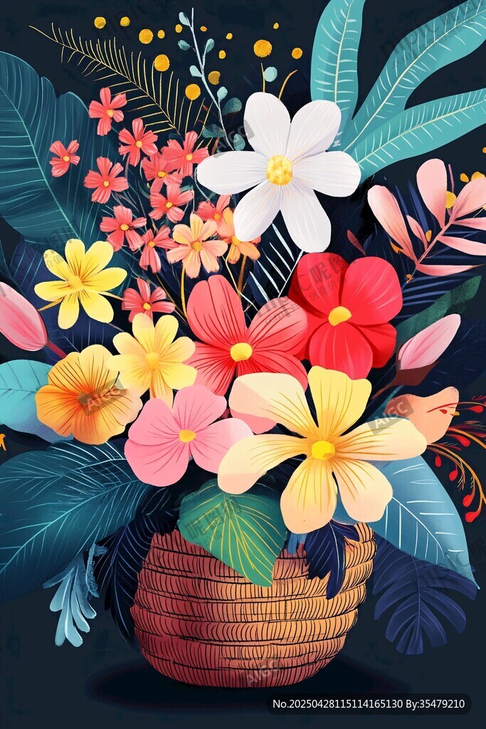 熱帶花卉編織籃插畫