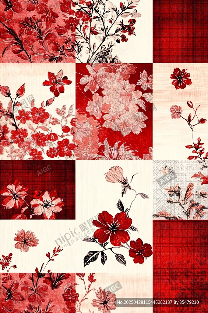 紅色花卉拼接圖案設(shè)計(jì)