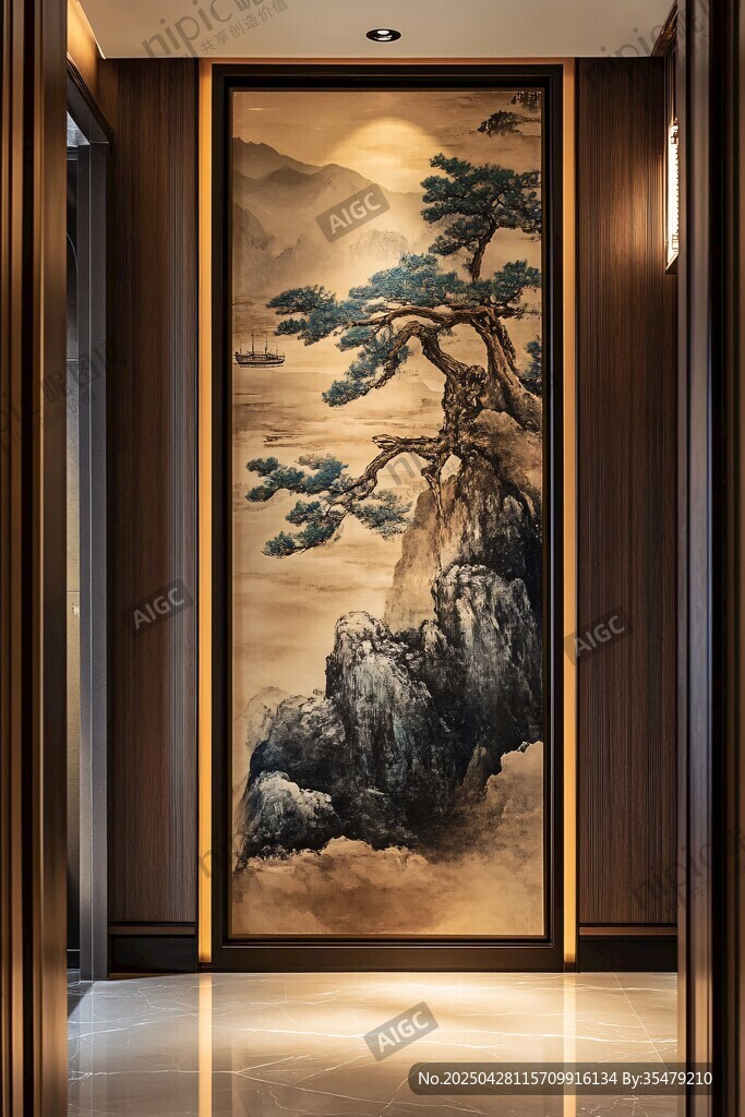 中式玄關處的精美山水壁畫