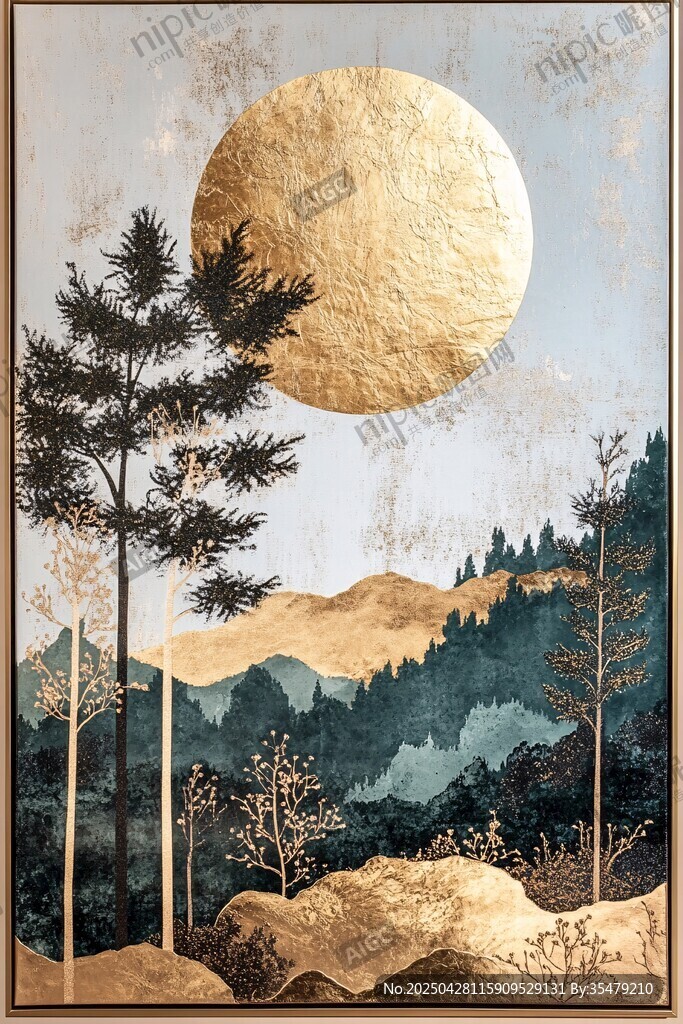 金色月夜山林風景圖