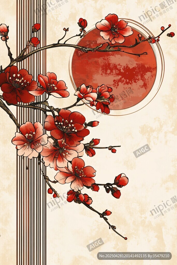 紅梅映月中式雅致圖景