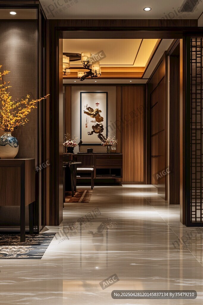 中式典雅玄關室內裝飾場景