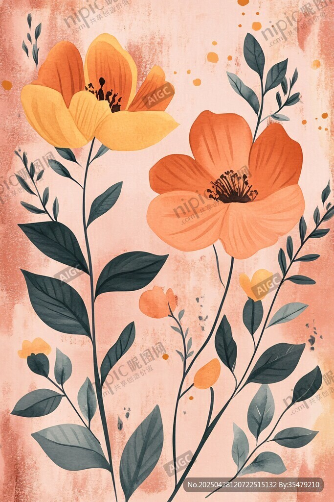 橙黃花卉插畫
