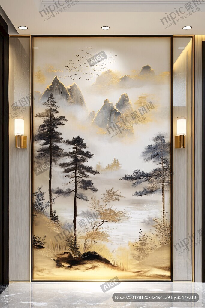 中式山水玄關壁畫意境美