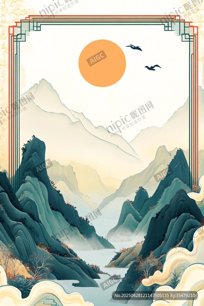中式山水圖景 旭日飛鳥