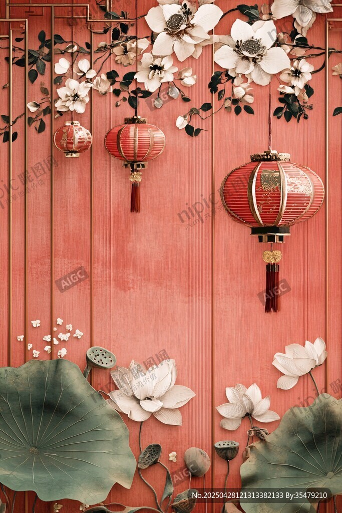 中式紅墻下的花燈荷花景