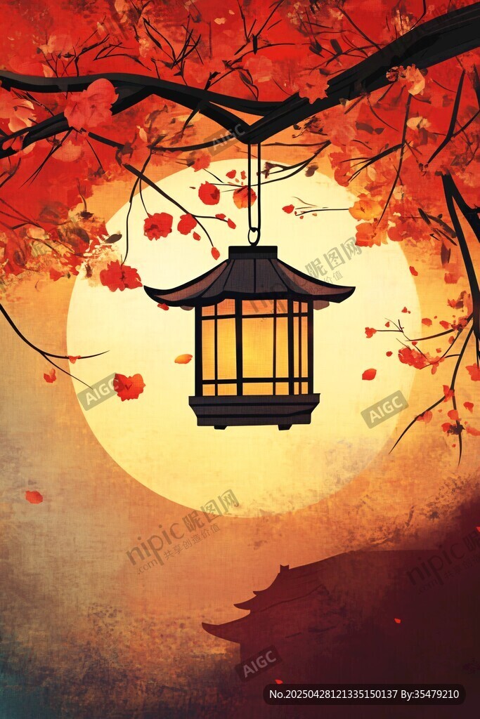 月夜紅楓下的中式燈籠