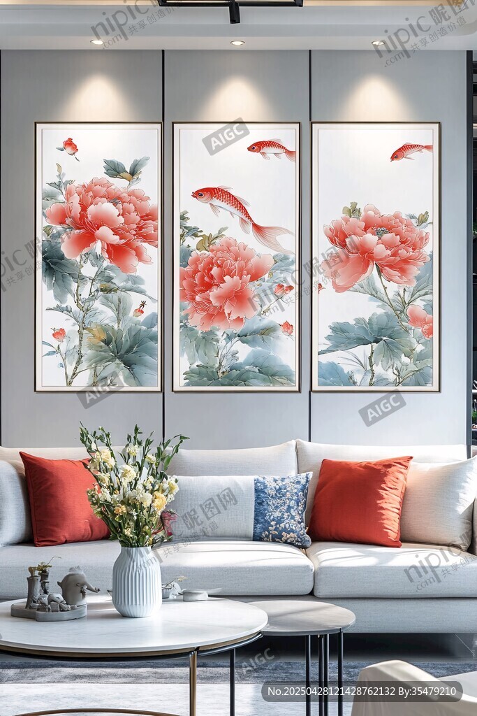 中式客廳三聯(lián)花鳥(niǎo)裝飾畫(huà)