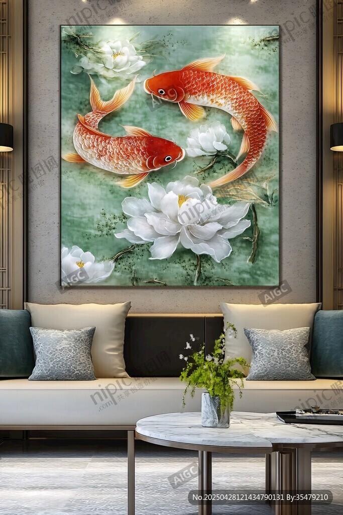 客廳中式錦鯉荷花裝飾畫(huà)