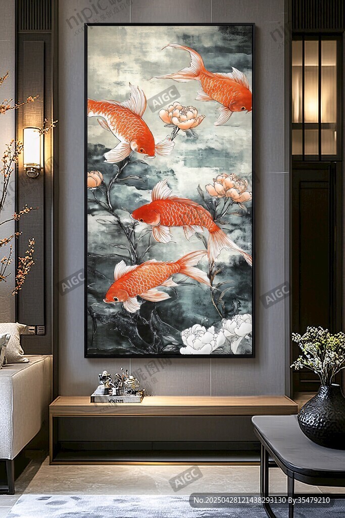 中式客廳中的錦鯉藝術掛畫