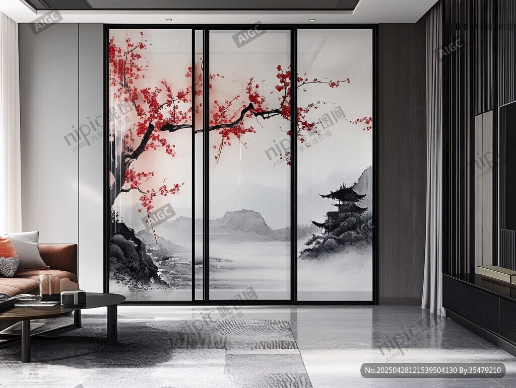 中式屏風(fēng)美 綻紅梅映山水