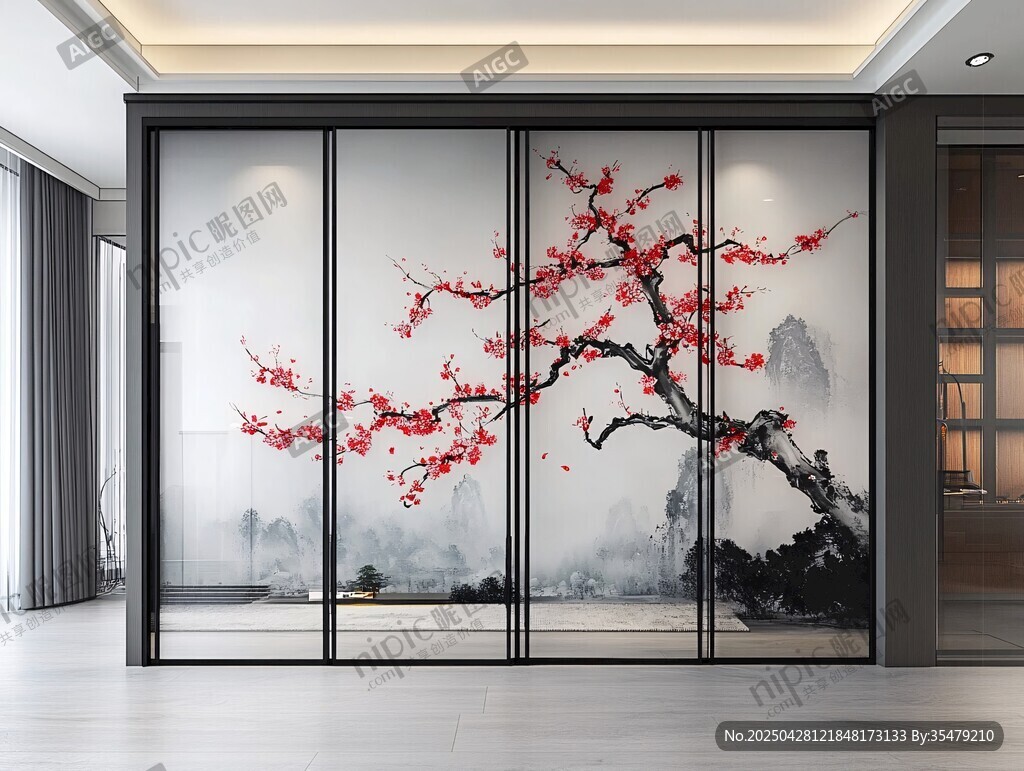 中式屏風(fēng)上的紅梅山水圖