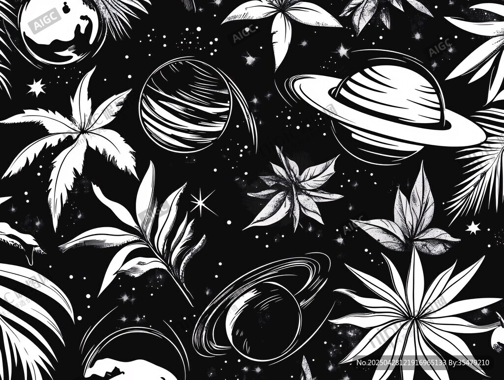 宇宙與植物的黑白奇幻圖案
