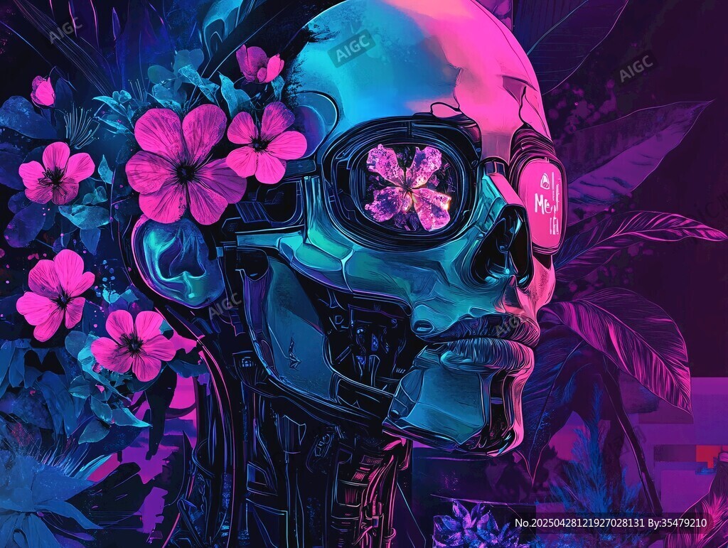 機械骷髏與夢幻花卉組合