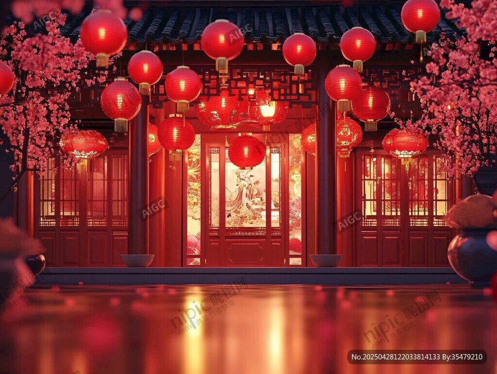 中式庭院紅燈籠喜慶夜景