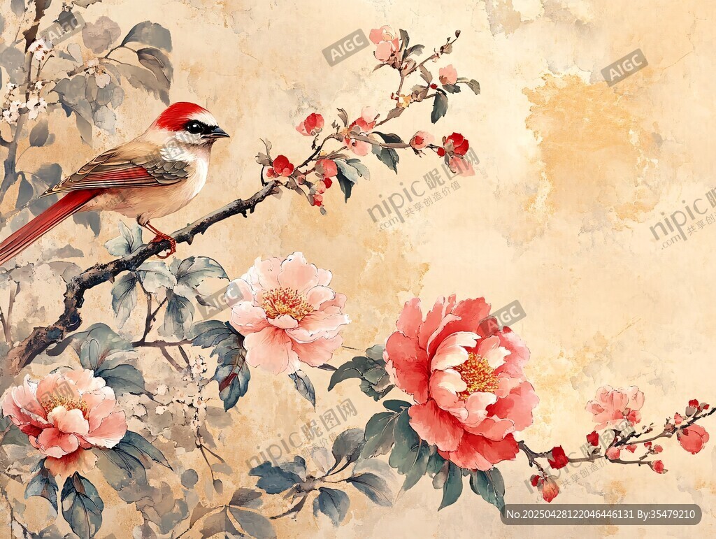 花鳥繪景 枝頭棲鳥伴繁花