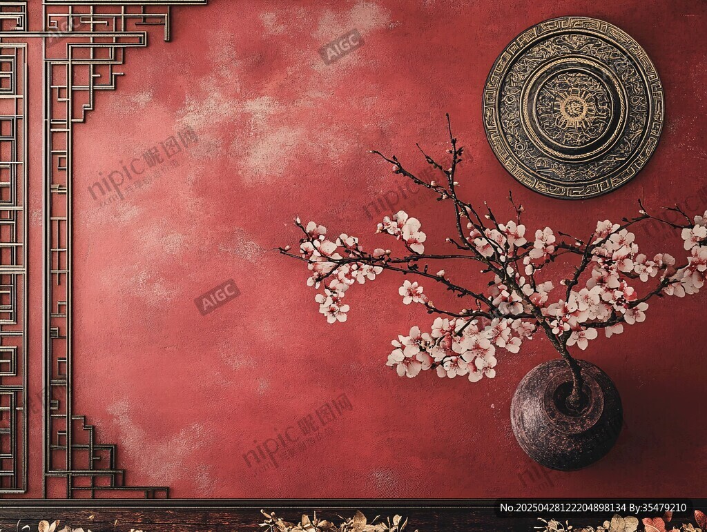 中式紅墻插花雅致景致