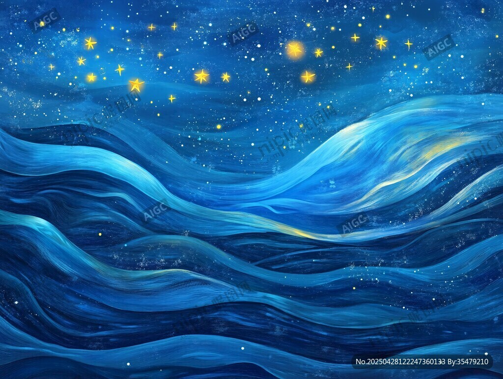 夢幻星空下的藍色海浪