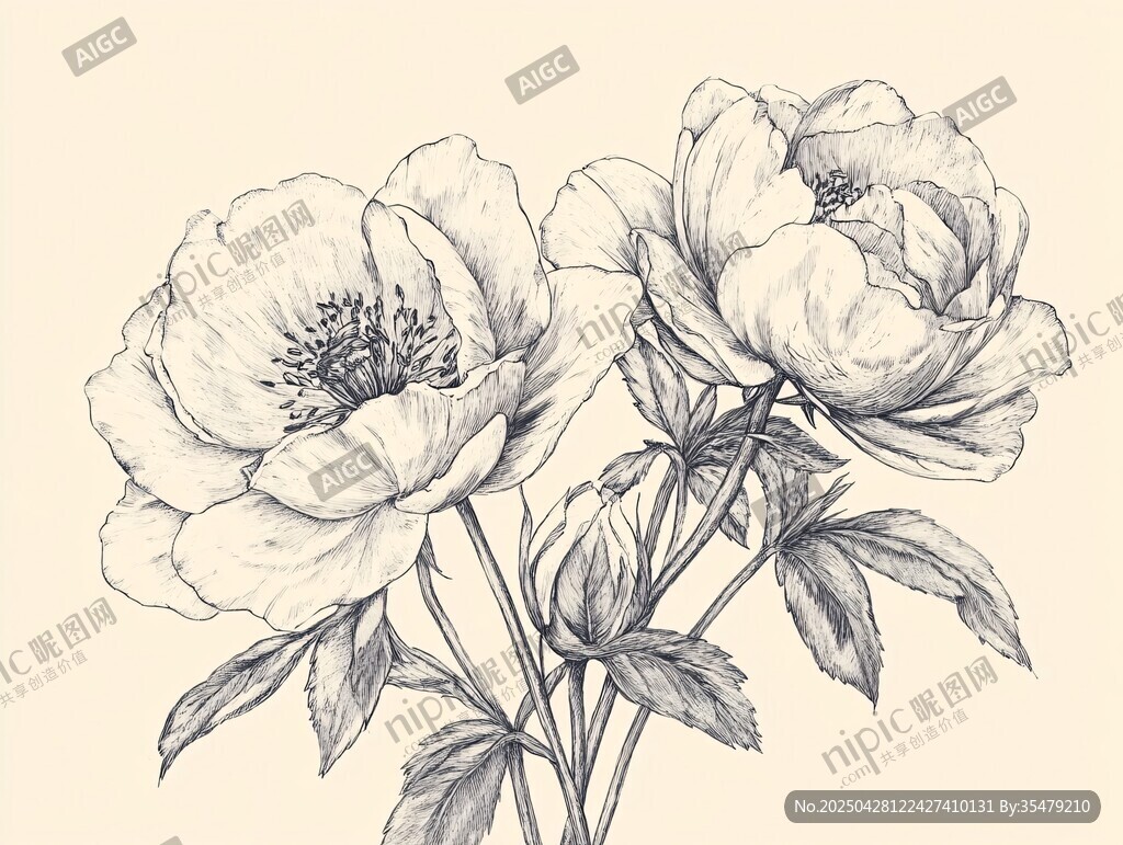 手繪雙朵盛開牡丹花