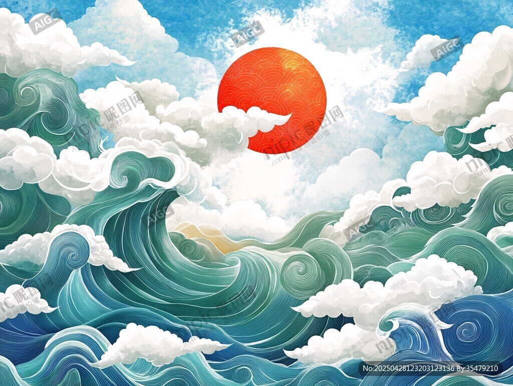 海上紅日與翻涌波浪圖景
