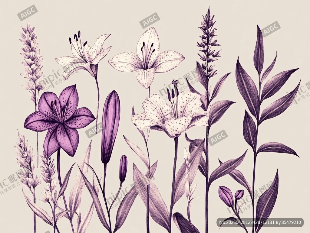 紫色花卉插畫 優雅植物集