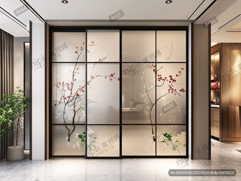 中式花鳥玻璃隔斷門裝飾