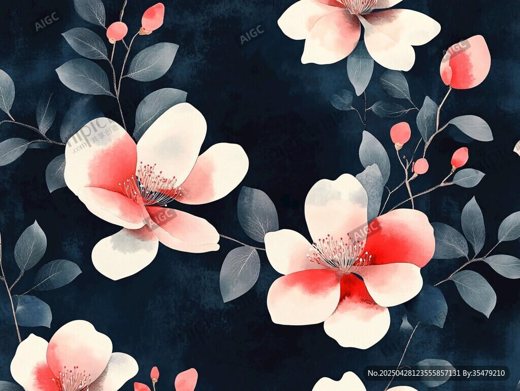 深藍(lán)色底水彩花卉圖案