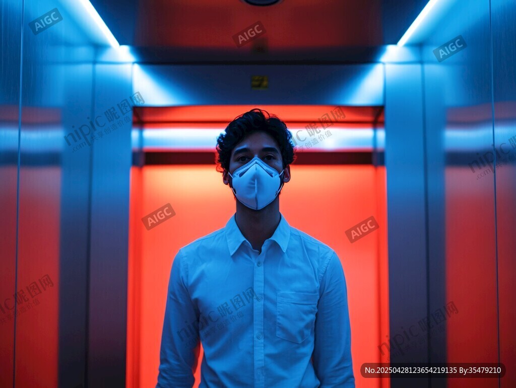 電梯中戴口罩的男士