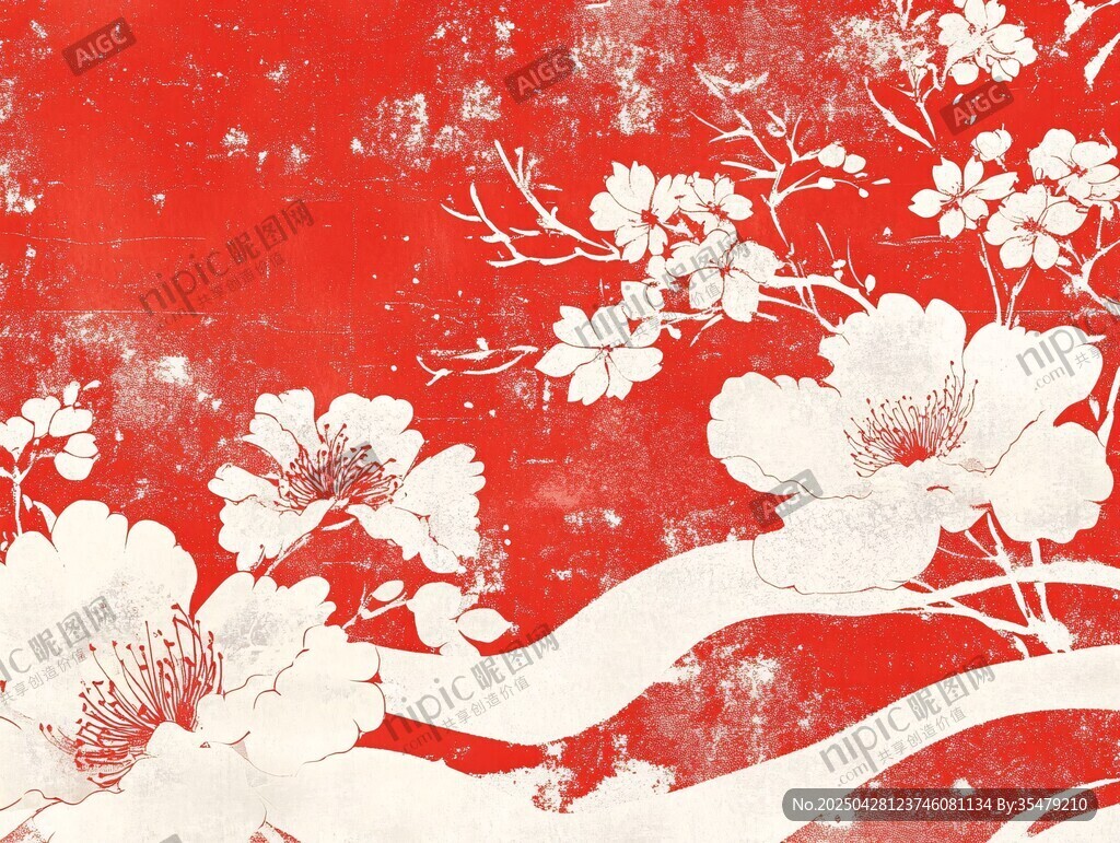 紅底白花中式典雅圖案