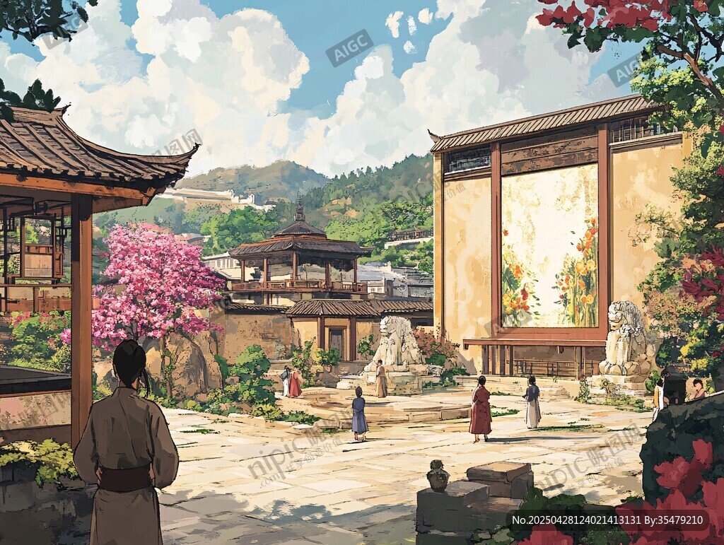 古風(fēng)庭院中人物悠然景致