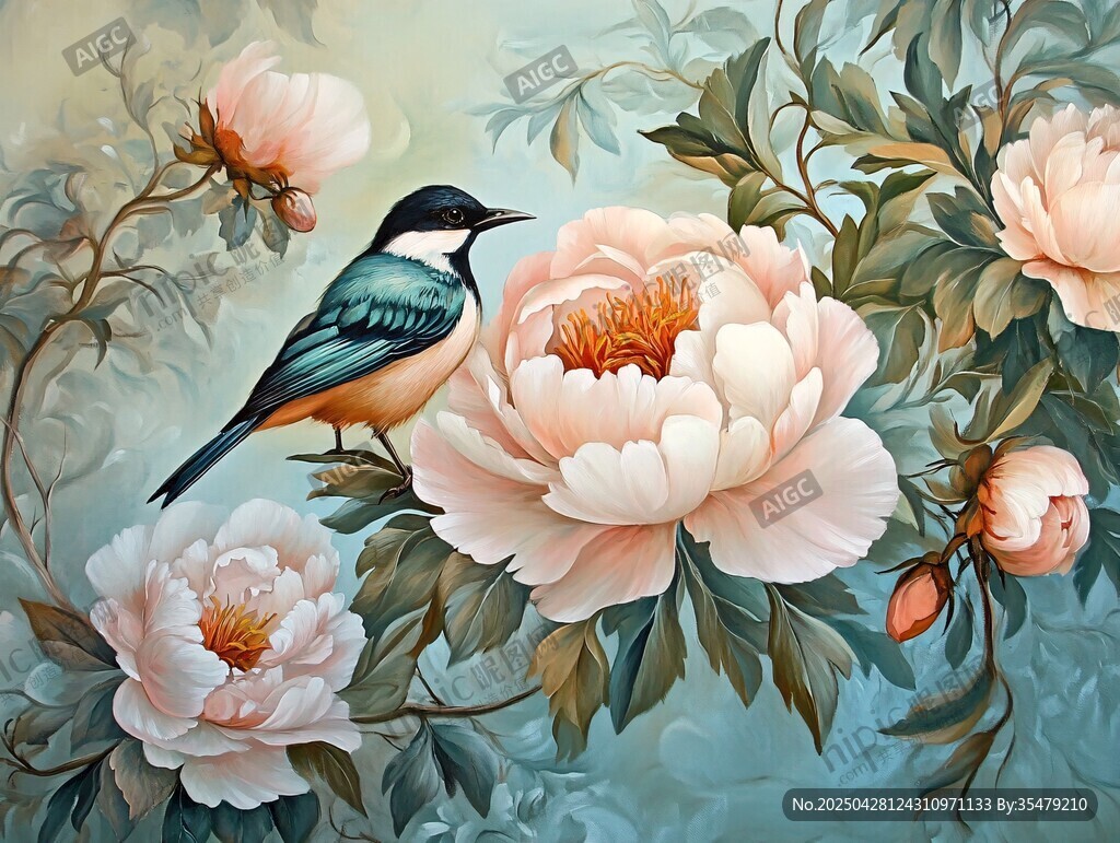 花鳥繪 牡丹枝頭鳥棲憩