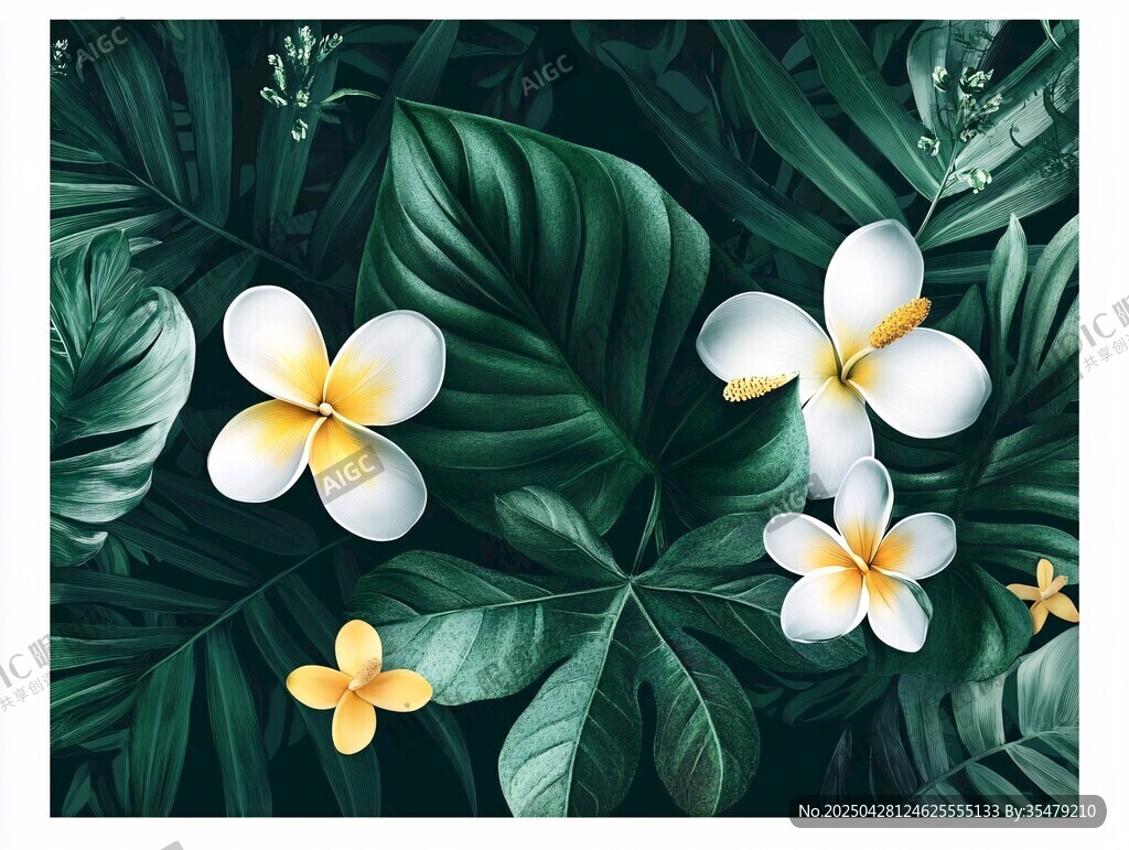 熱帶花卉綠葉背景圖